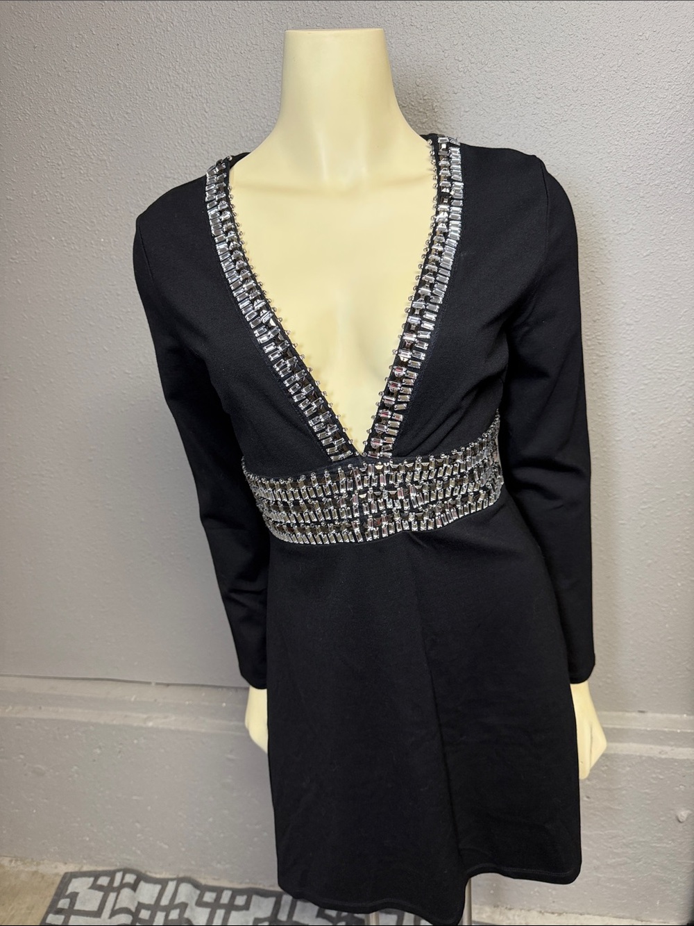 VENUS Black Deep V Long Sleeve Dress with Silver Jeweled Trim